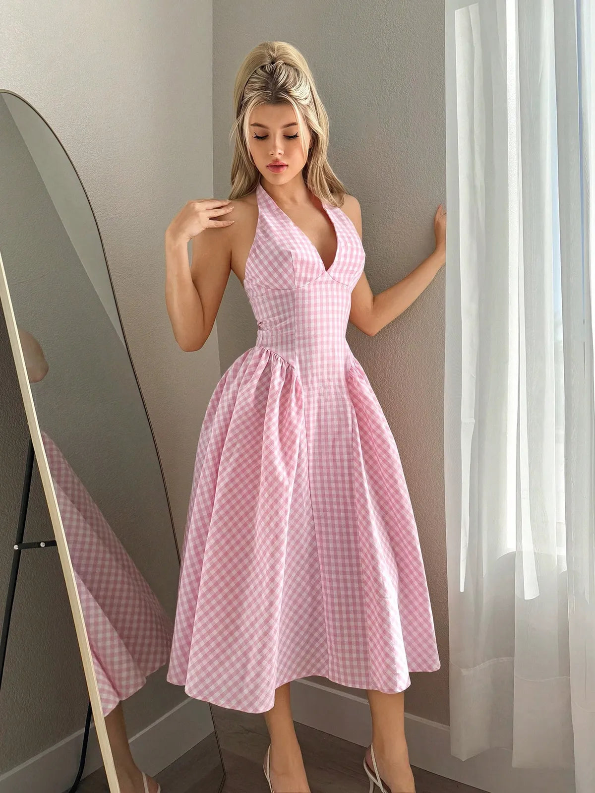 Pink Ghingham Check Halter Neck Midi Dress..
