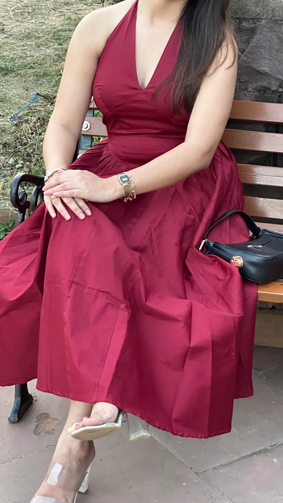 Maroon Halter Neck Midi Dress..