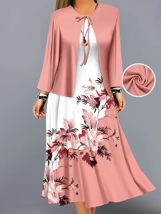 The Roselle Floral Elegance Pink Printed Dress with Tie-Front Shrug (Copy)