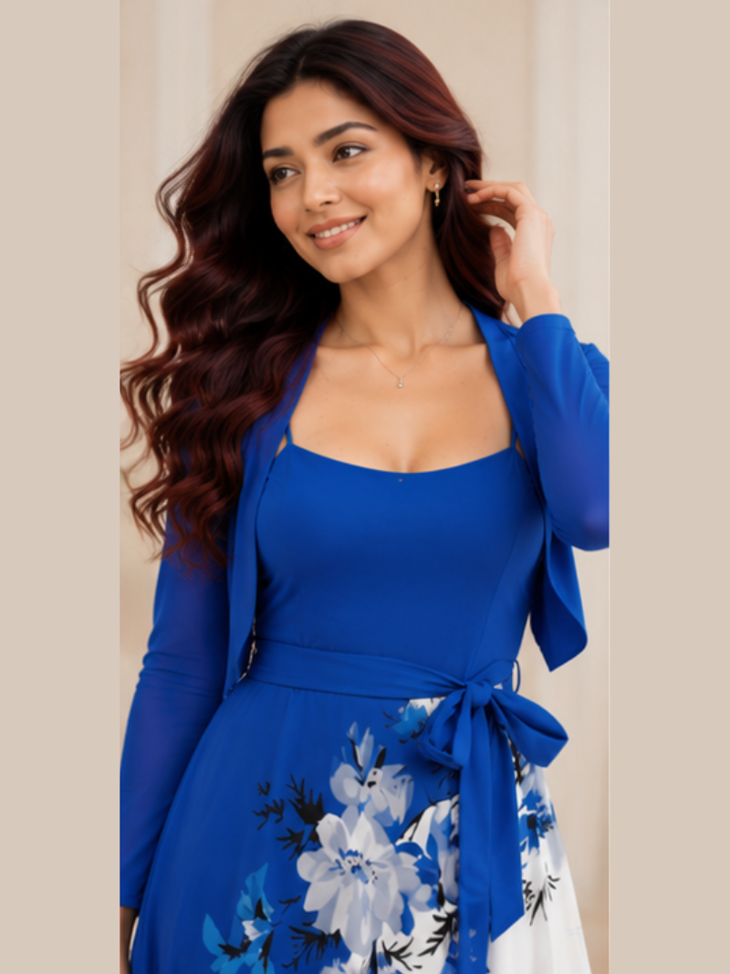 Uzume Elegant 2-Piece Women’s Royal Blue Cardigan Jacket & Floral Suspender Dress Set