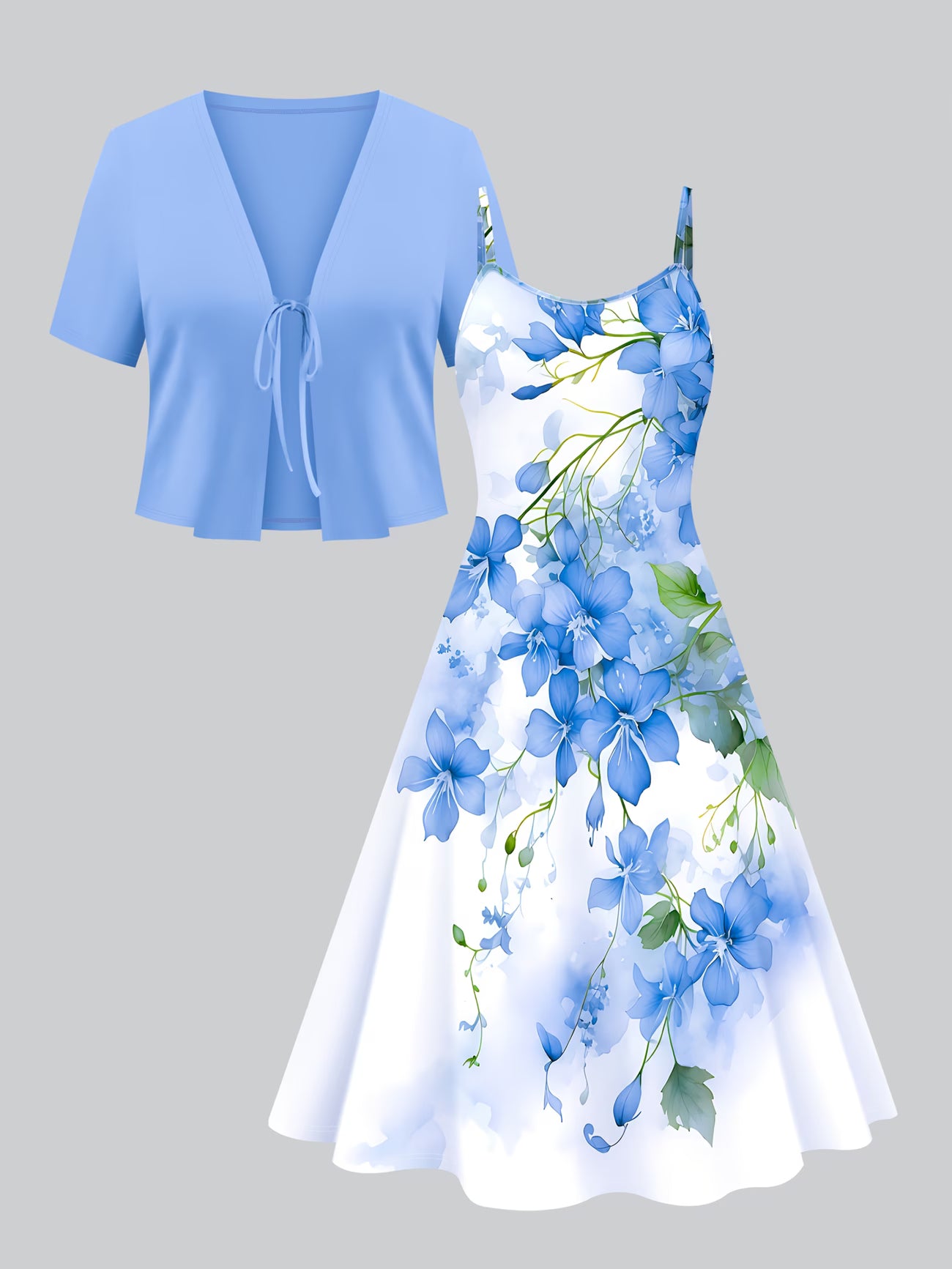 Uzume Elegant Women's Two-piece Set Solid Blue Colour Lace-up Short Sleeve Top and Floral Printed Suspender Dress