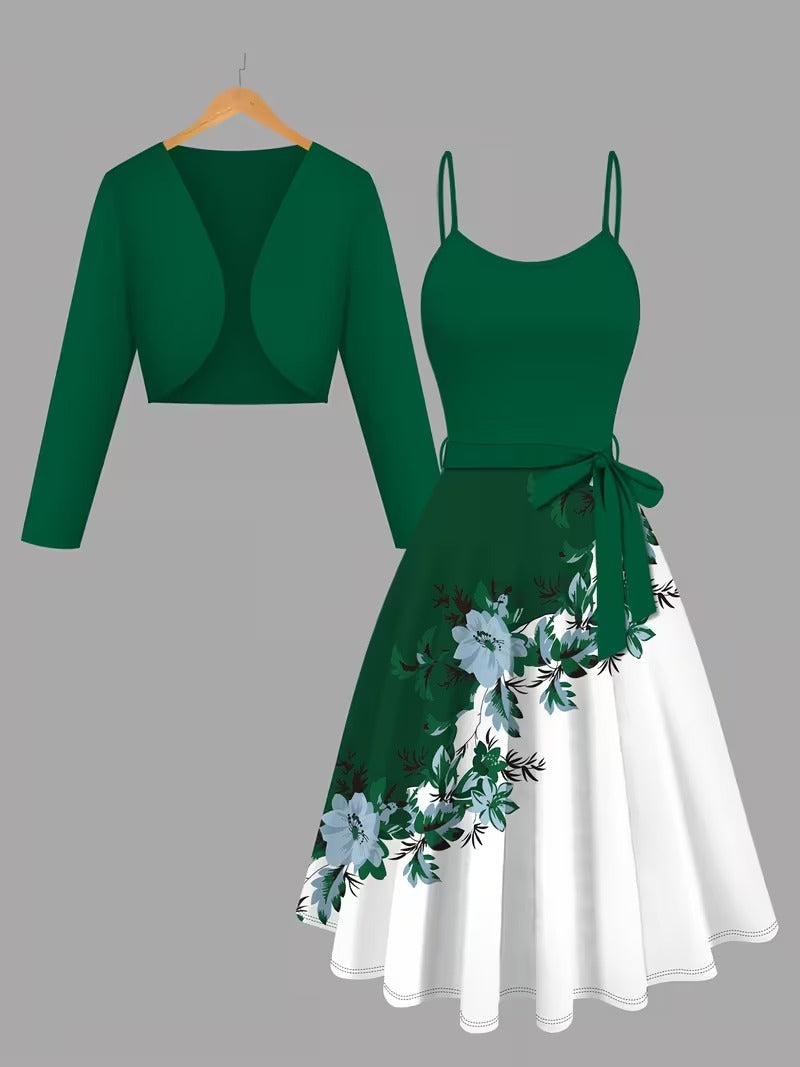 Elegant 2-Piece Women’s Outfit | Green Cardigan Jacket with Floral Suspender Dress Set