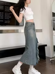 High-Waist Lace Patchwork Denim Skirt