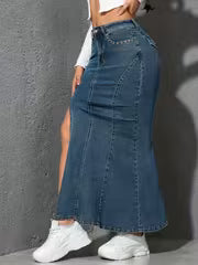 High-Waist Asymmetrical Slit Denim Long Skirt