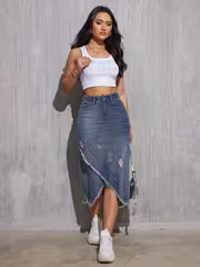 High-Waist Tassel Denim Skirt