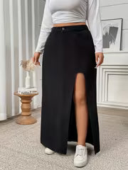 High-Waist Black Slit Denim Maxi Skirt