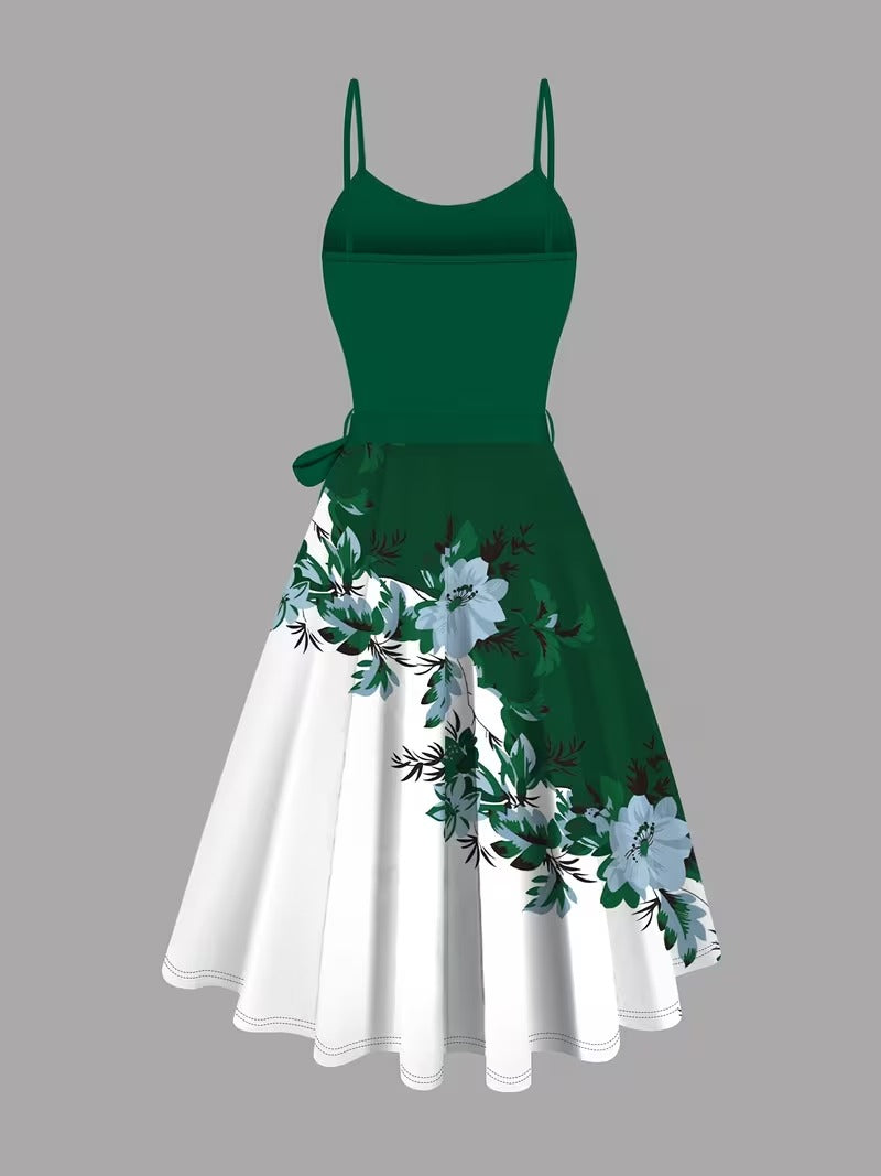 Elegant 2-Piece Women’s Outfit | Green Cardigan Jacket with Floral Suspender Dress Set