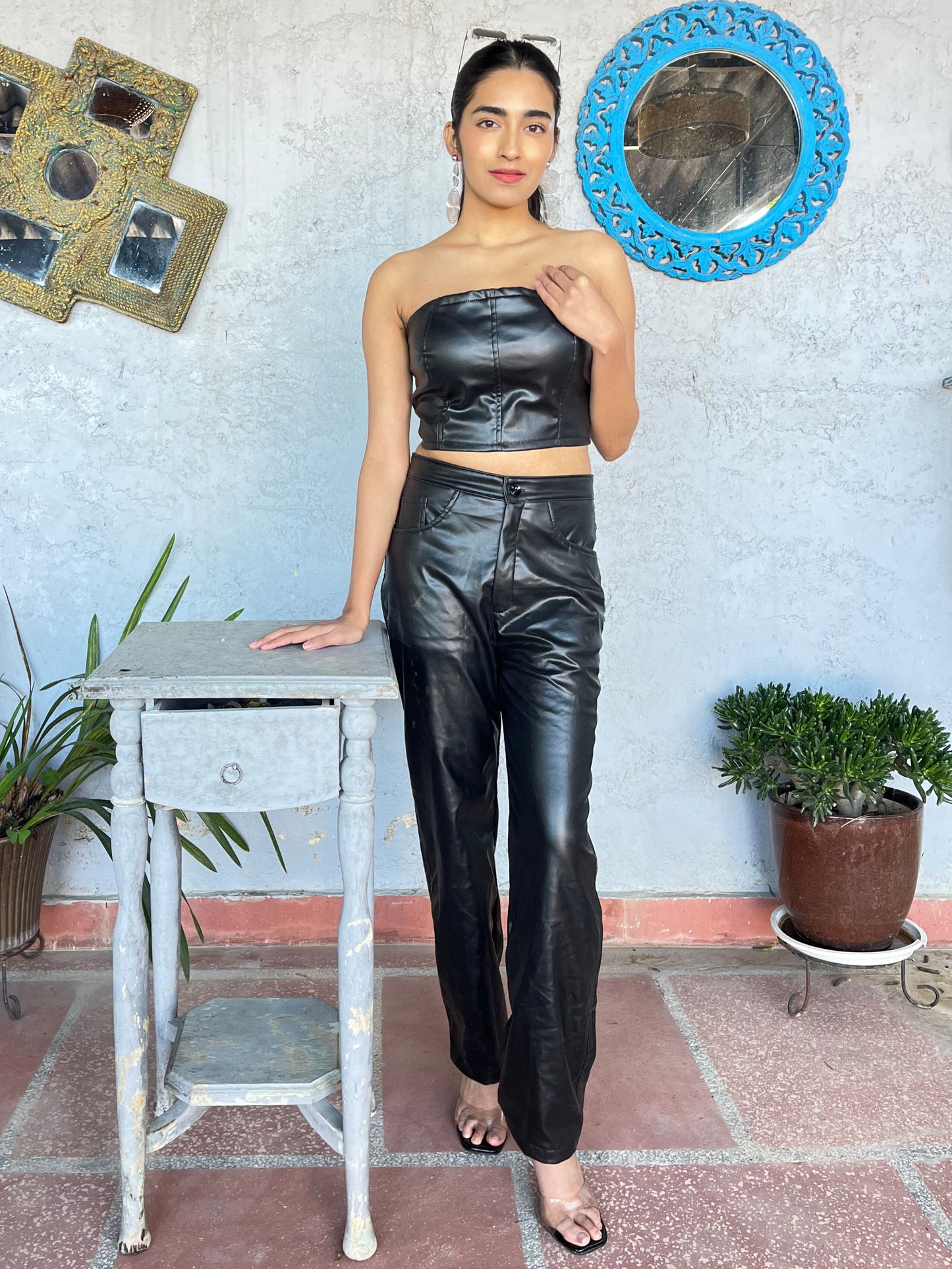 TANDUL Women Stunning Black Leather Co-ord Set