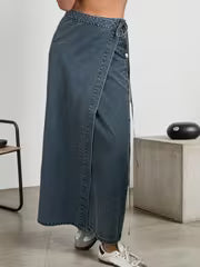 High-Waist Lace-Up Denim Maxi Dress