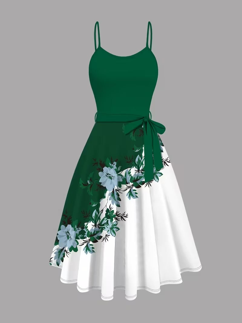Elegant 2-Piece Women’s Outfit | Green Cardigan Jacket with Floral Suspender Dress Set