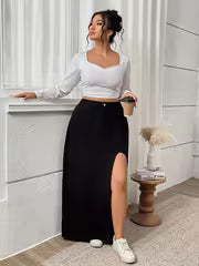 High-Waist Black Slit Denim Maxi Skirt