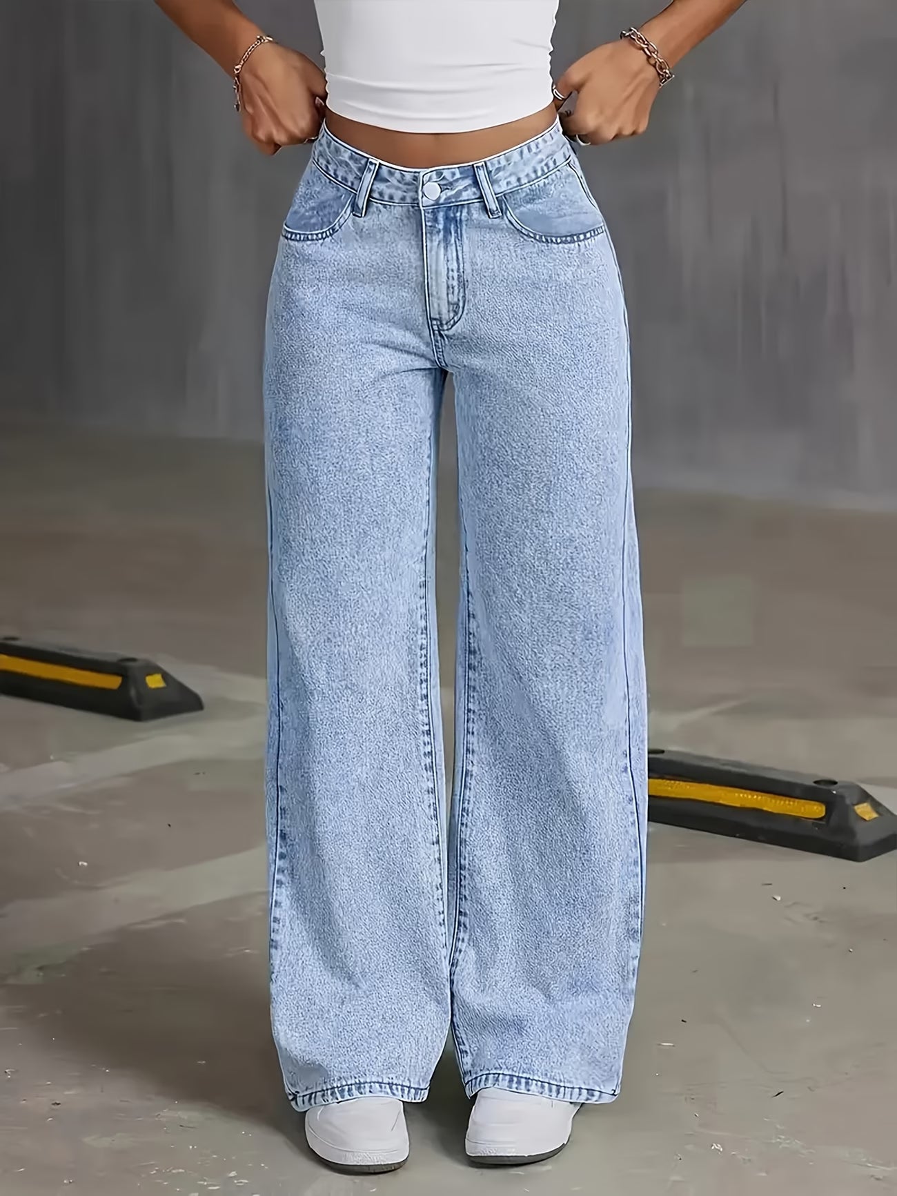 High-Waist Wide Leg Acid Wash Jeans for Women