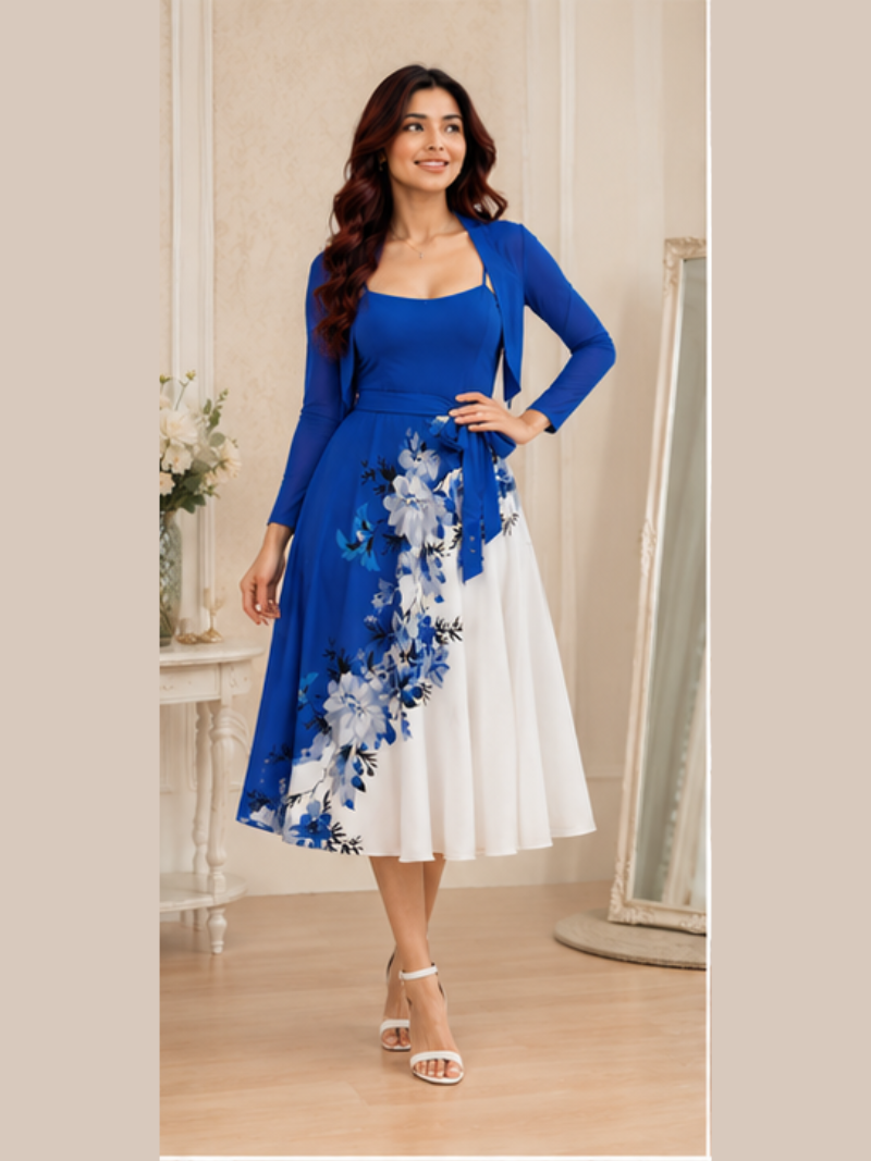 Uzume Elegant 2-Piece Women’s Royal Blue Cardigan Jacket & Floral Suspender Dress Set