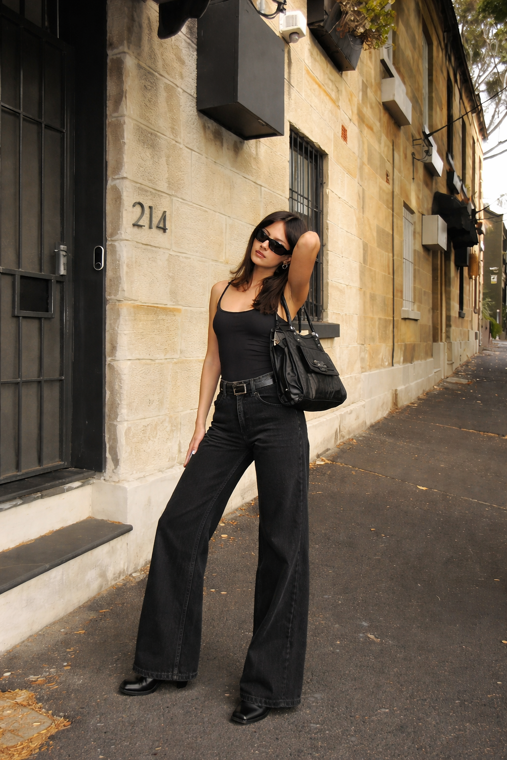 Onyx Black Stone Wash Wide Leg High Rise Jeans
