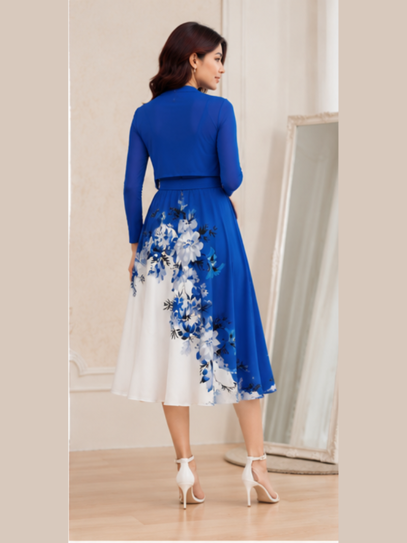 Uzume Elegant 2-Piece Women’s Royal Blue Cardigan Jacket & Floral Suspender Dress Set