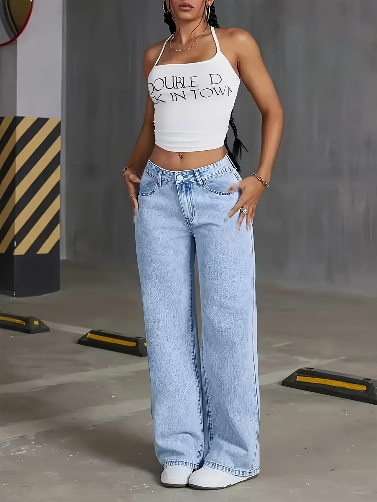 High-Waist Wide Leg Acid Wash Jeans for Women