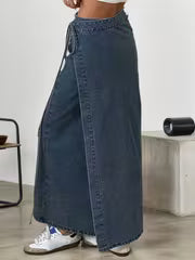 High-Waist Lace-Up Denim Maxi Dress