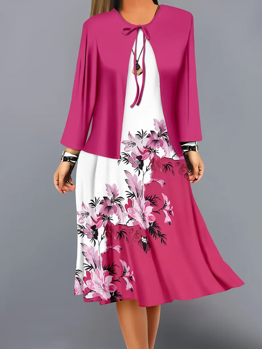 The Roselle Floral Elegance Rose Red Printed Dress with Tie-Front Shrug