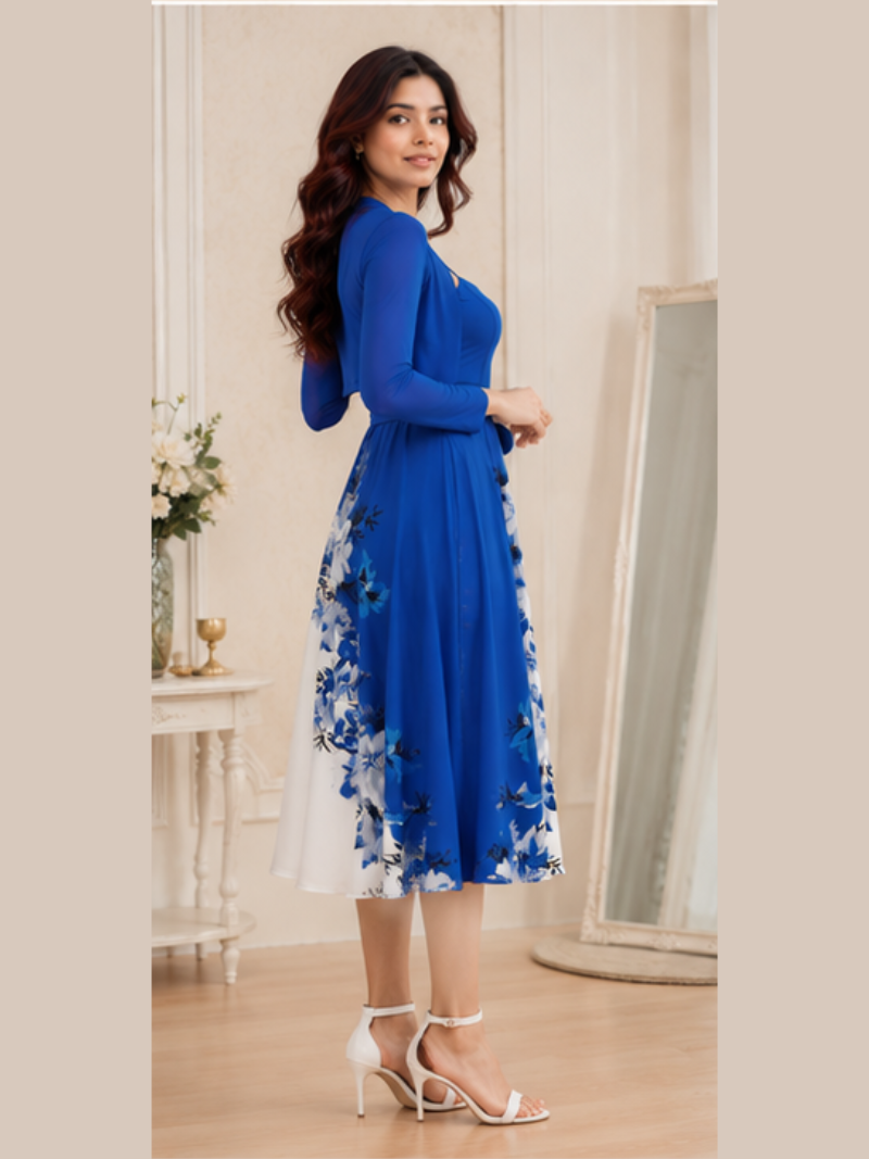 Uzume Elegant 2-Piece Women’s Royal Blue Cardigan Jacket & Floral Suspender Dress Set