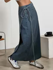 High-Waist Lace-Up Denim Maxi Dress