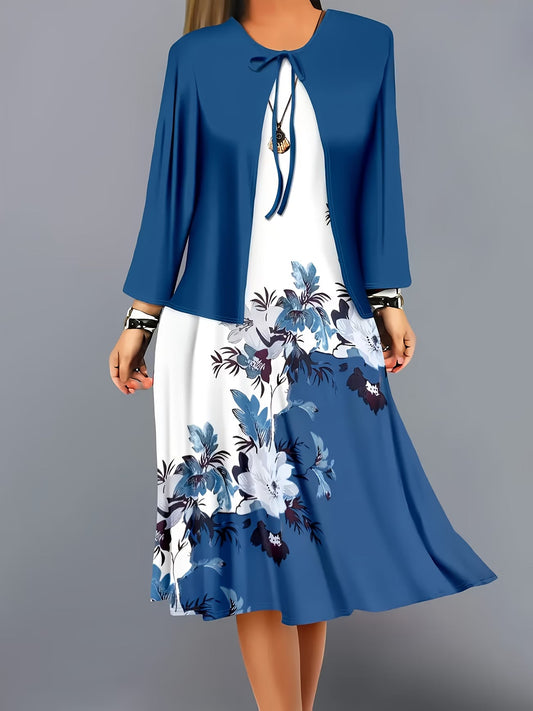 The Roselle Floral Elegance Blue  Printed Dress with Tie-Front Shrug
