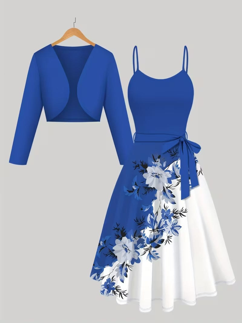 Uzume Elegant 2-Piece Women’s Royal Blue Cardigan Jacket & Floral Suspender Dress Set