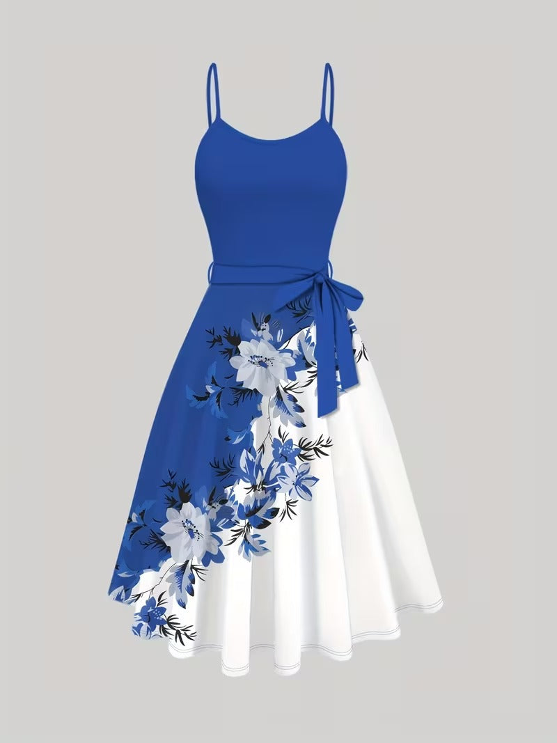 Uzume Elegant 2-Piece Women’s Royal Blue Cardigan Jacket & Floral Suspender Dress Set