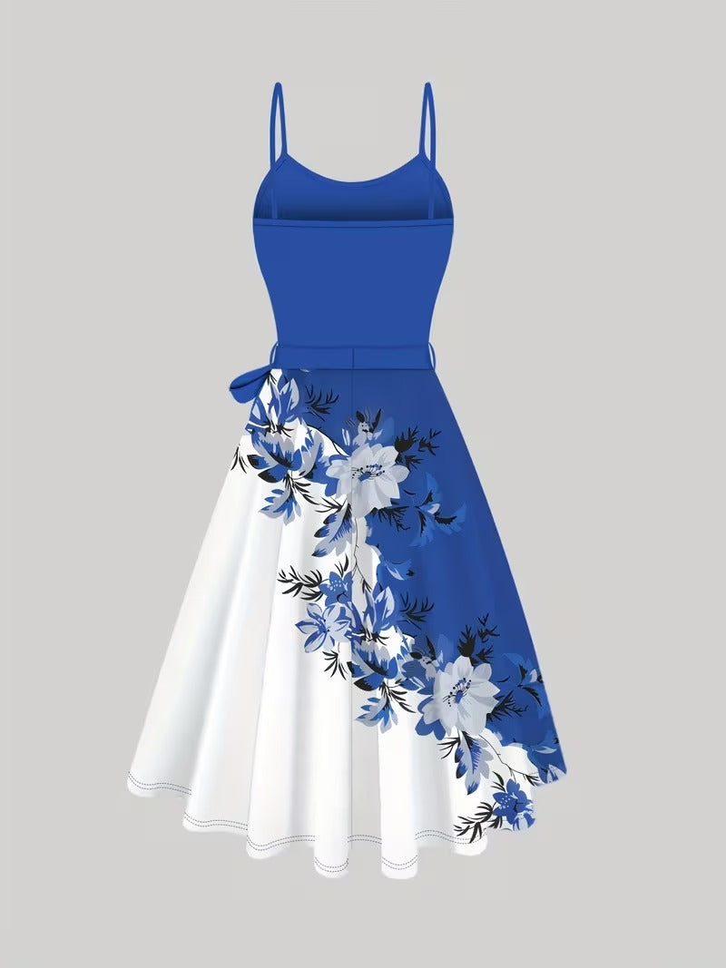 Uzume Elegant 2-Piece Women’s Royal Blue Cardigan Jacket & Floral Suspender Dress Set
