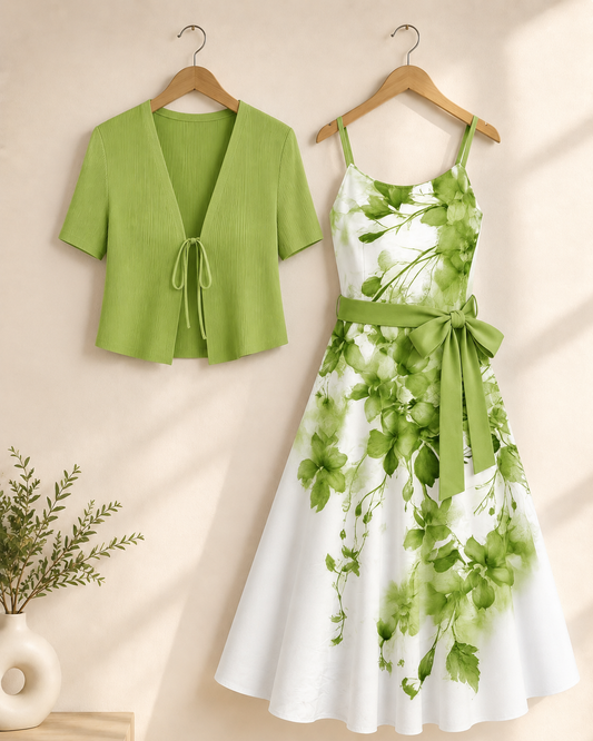 Uzume Elegant Women's Two-piece Set Solid Lime Green Colour Lace-up Short Sleeve Top and Floral Printed Suspender Dress