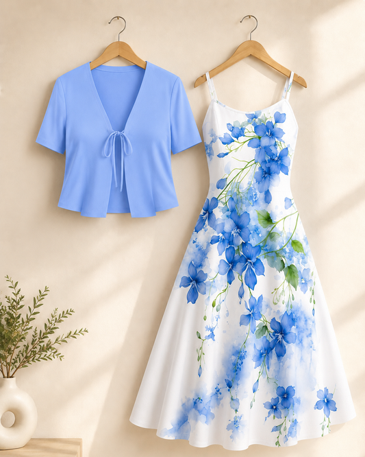 Uzume Elegant Women's Two-piece Set Solid Blue Colour Lace-up Short Sleeve Top and Floral Printed Suspender Dress