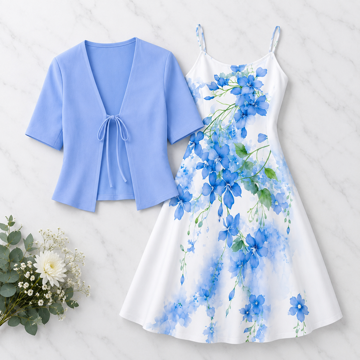 Uzume Elegant Women's Two-piece Set Solid Blue Colour Lace-up Short Sleeve Top and Floral Printed Suspender Dress