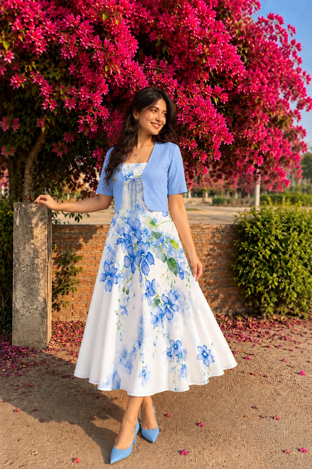 Uzume Elegant Women's Two-piece Set Solid Blue Colour Lace-up Short Sleeve Top and Floral Printed Suspender Dress