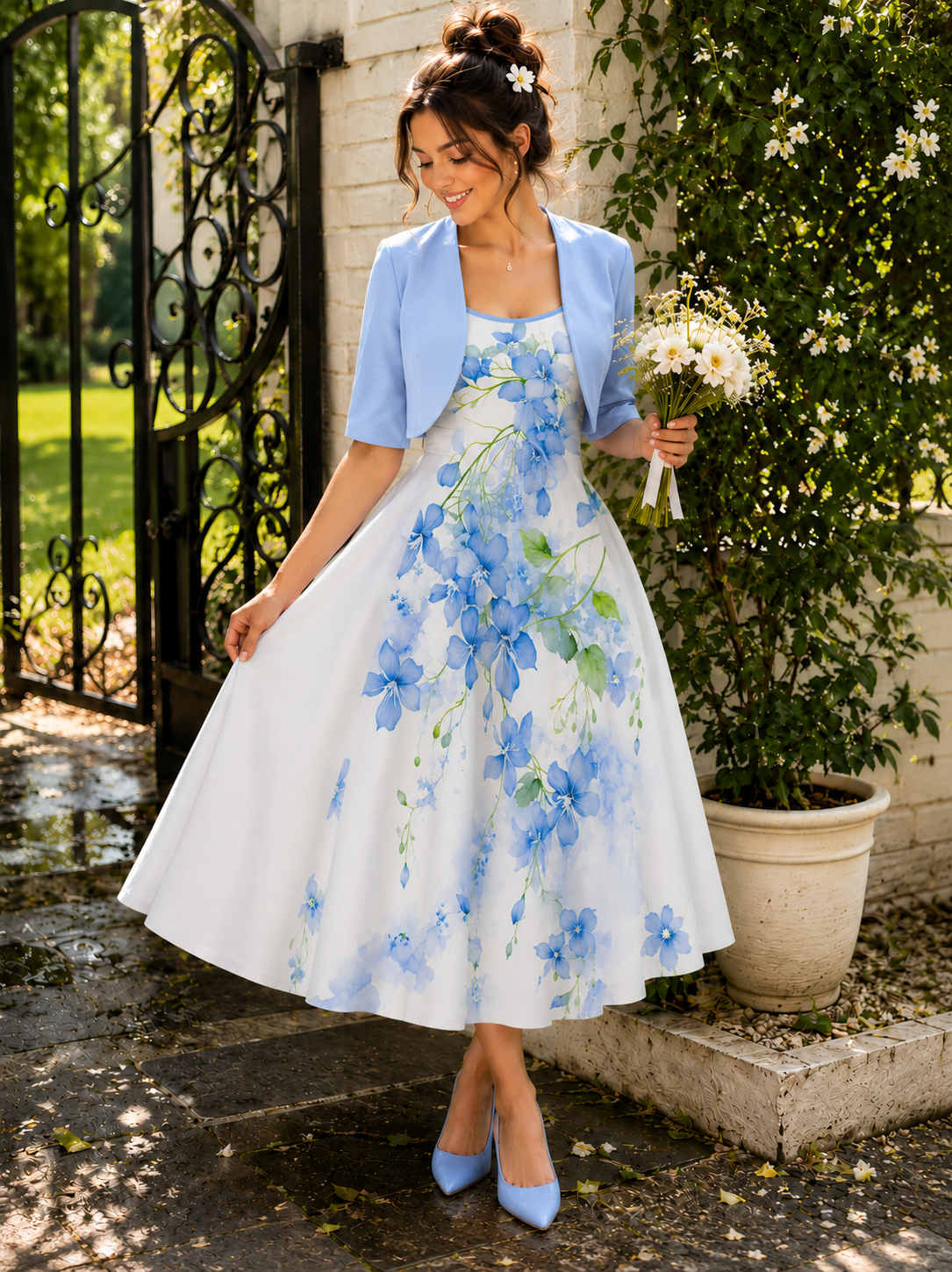 Uzume Elegant Women's Two-piece Set Solid Blue Colour Lace-up Short Sleeve Top and Floral Printed Suspender Dress
