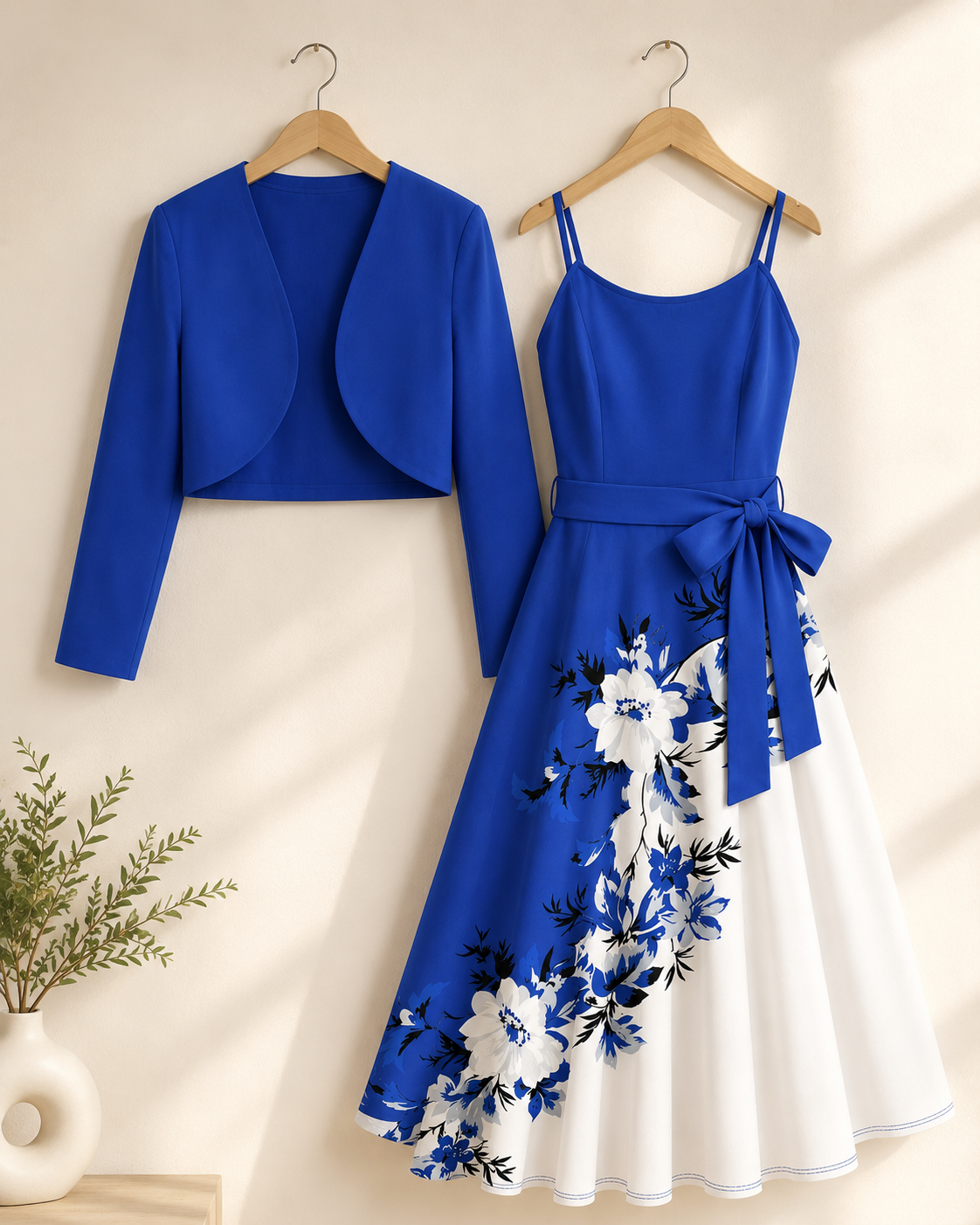 Uzume Elegant 2-Piece Women’s Royal Blue Cardigan Jacket & Floral Suspender Dress Set
