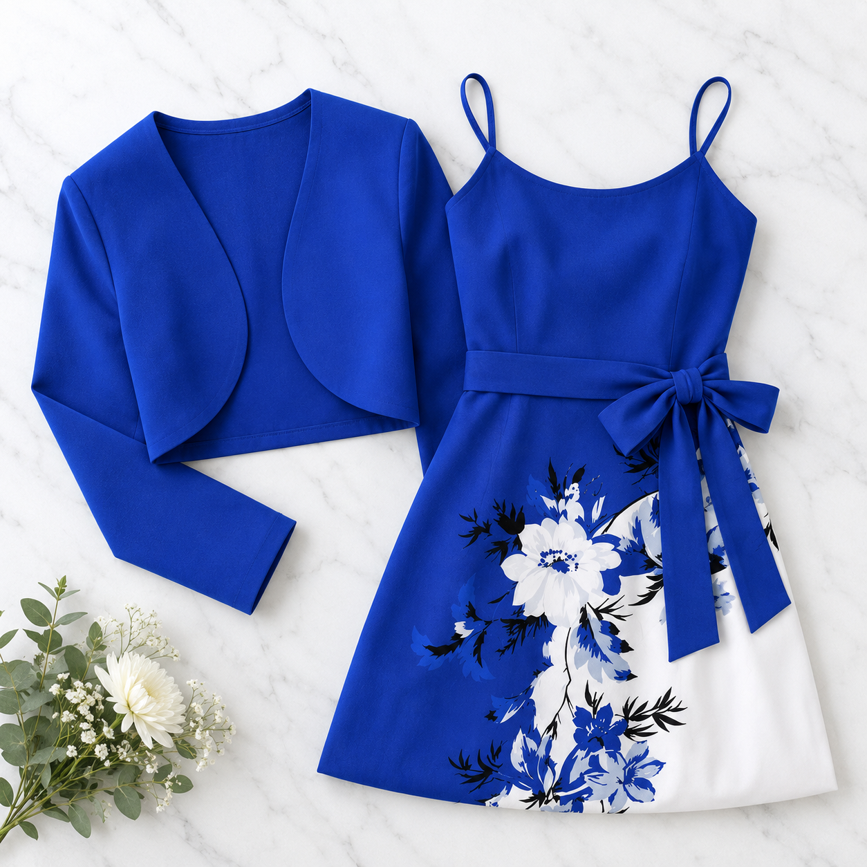 Uzume Elegant 2-Piece Women’s Royal Blue Cardigan Jacket & Floral Suspender Dress Set