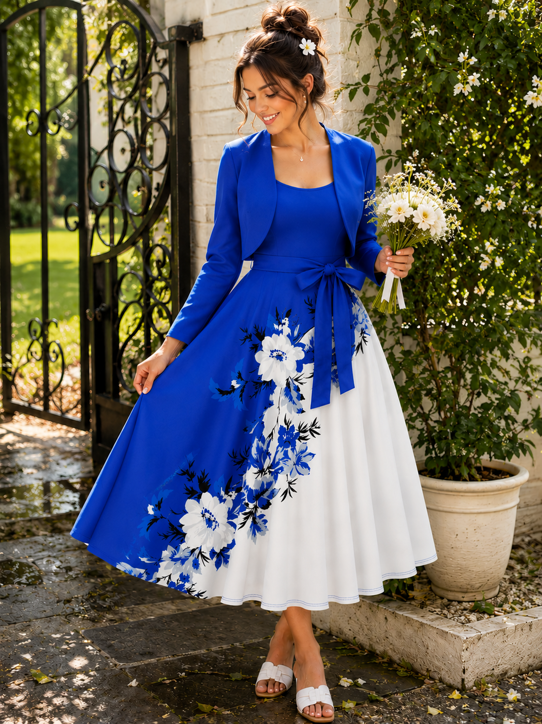 Uzume Elegant 2-Piece Women’s Royal Blue Cardigan Jacket & Floral Suspender Dress Set