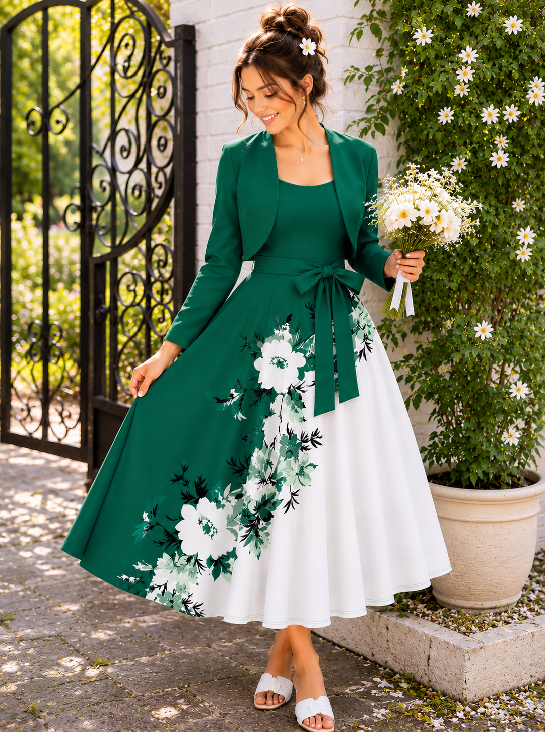 Elegant 2-Piece Women’s Outfit | Green Cardigan Jacket with Floral Suspender Dress Set
