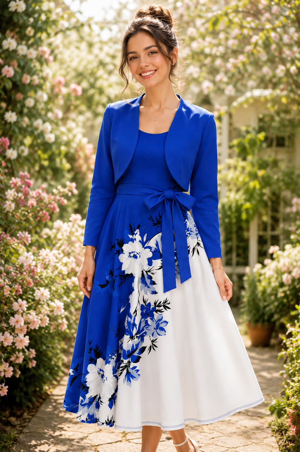 Uzume Elegant 2-Piece Women’s Royal Blue Cardigan Jacket & Floral Suspender Dress Set