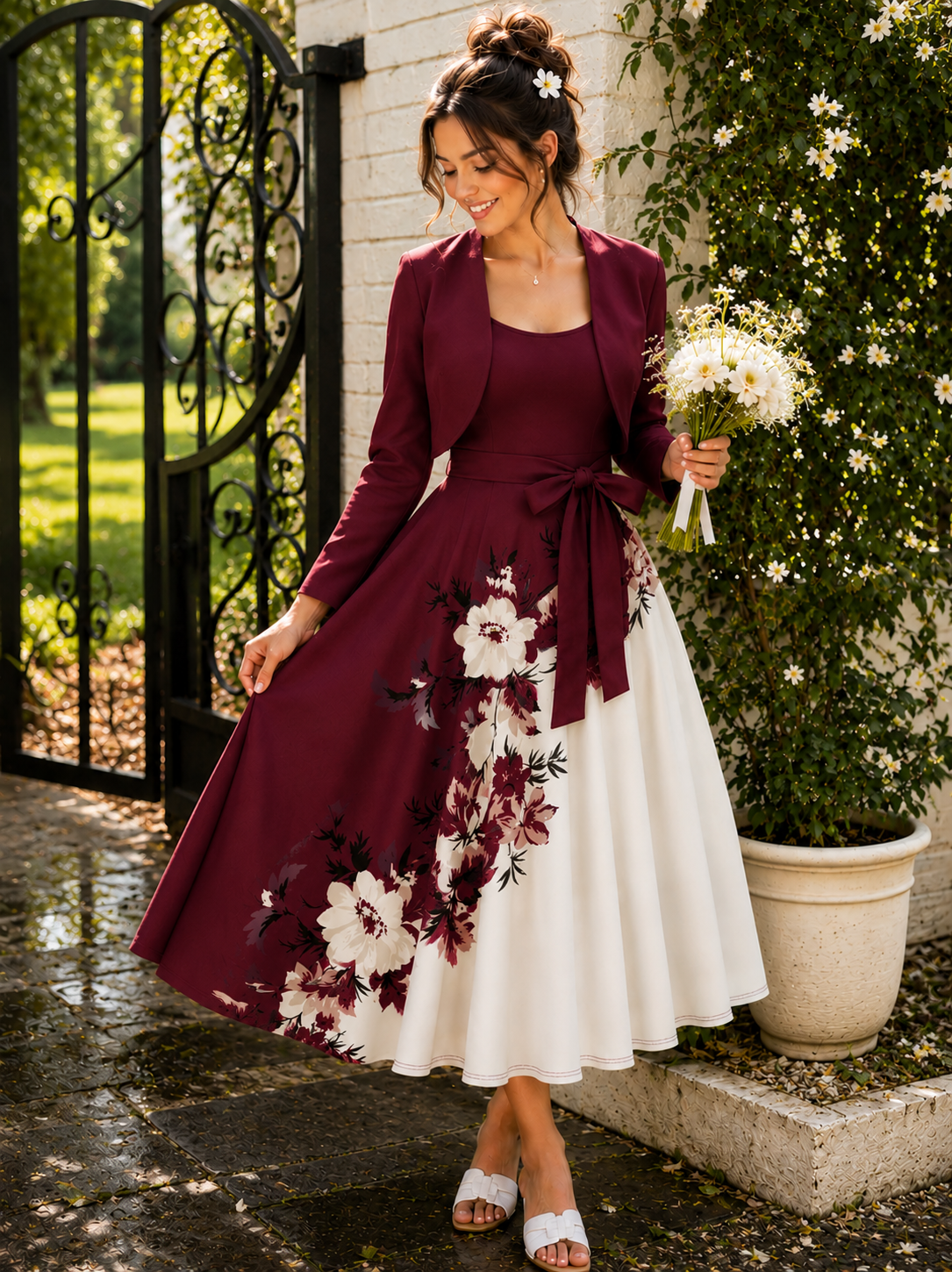Elegant 2-Piece Women’s Outfit | maroon Cardigan Jacket with Floral Suspender Dress Set