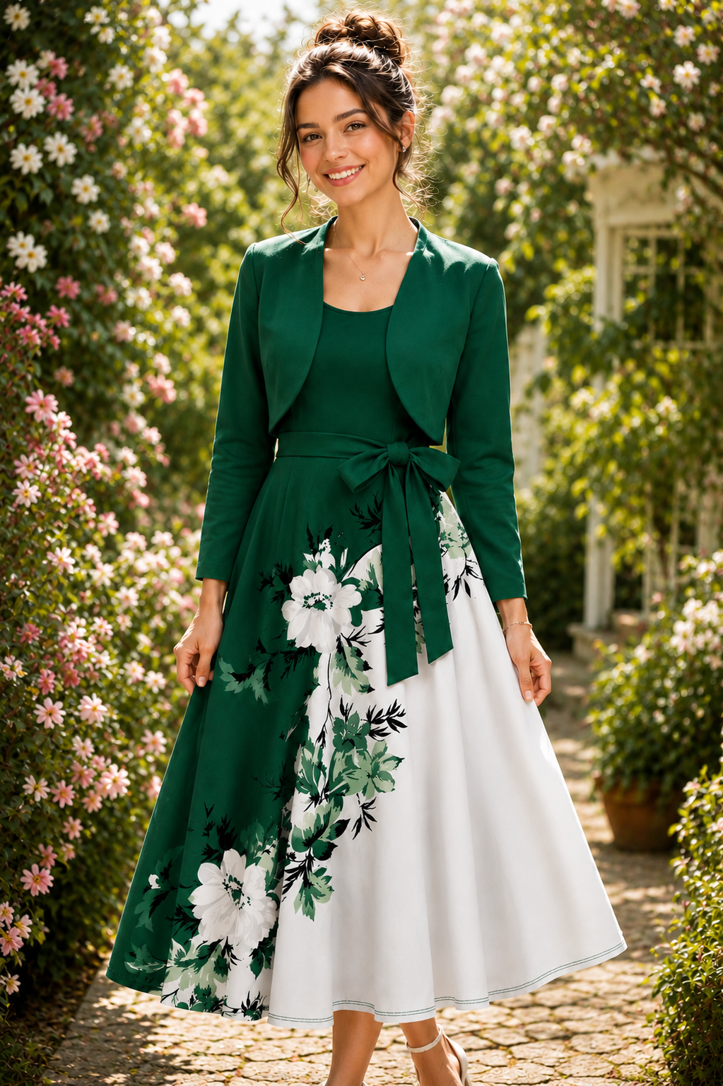 Elegant 2-Piece Women’s Outfit | Green Cardigan Jacket with Floral Suspender Dress Set