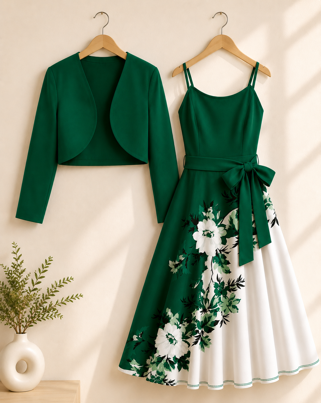 Elegant 2-Piece Women’s Outfit | Green Cardigan Jacket with Floral Suspender Dress Set