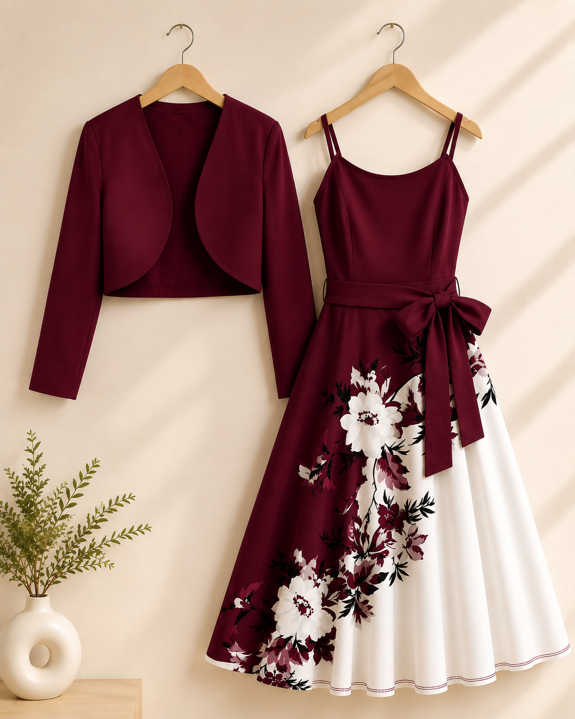 Elegant 2-Piece Women’s Outfit | maroon Cardigan Jacket with Floral Suspender Dress Set