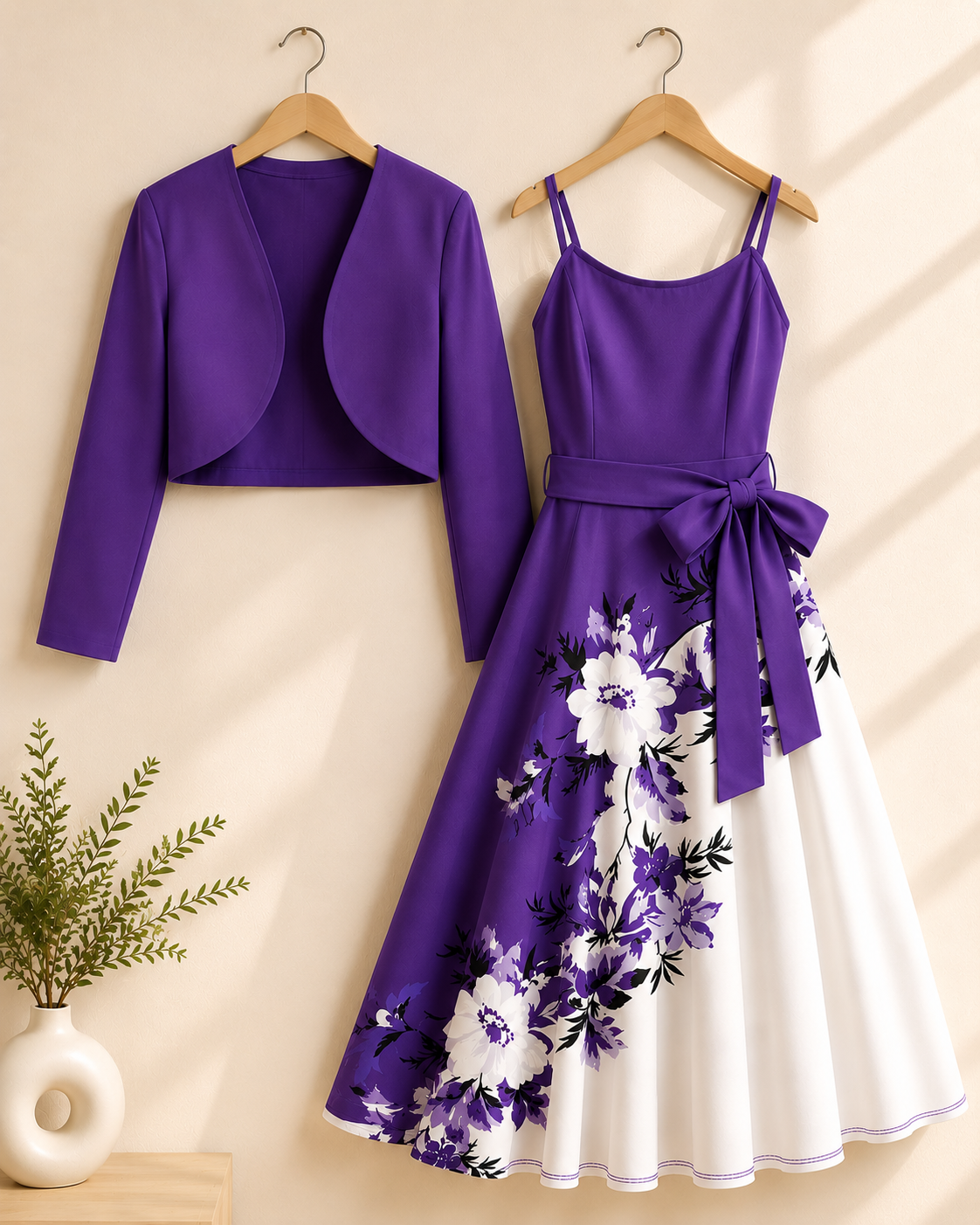 Elegant 2-Piece Women’s Outfit | Purple Cardigan Jacket with Floral Suspender Dress Set