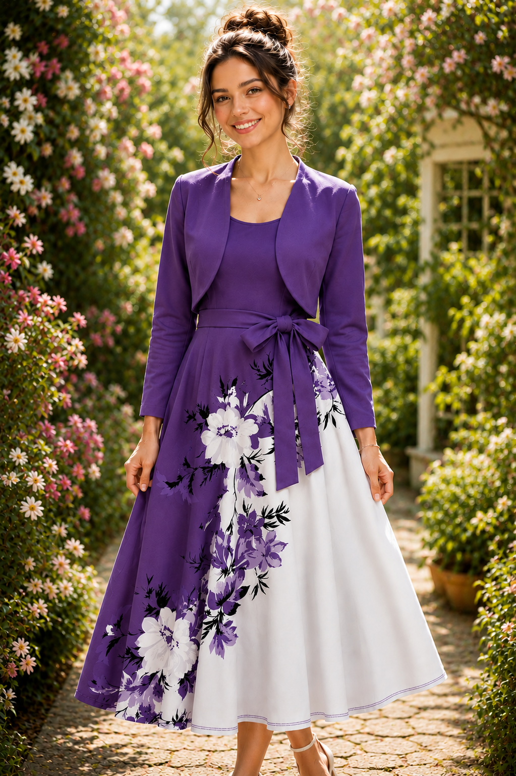 Elegant 2-Piece Women’s Outfit | Purple Cardigan Jacket with Floral Suspender Dress Set