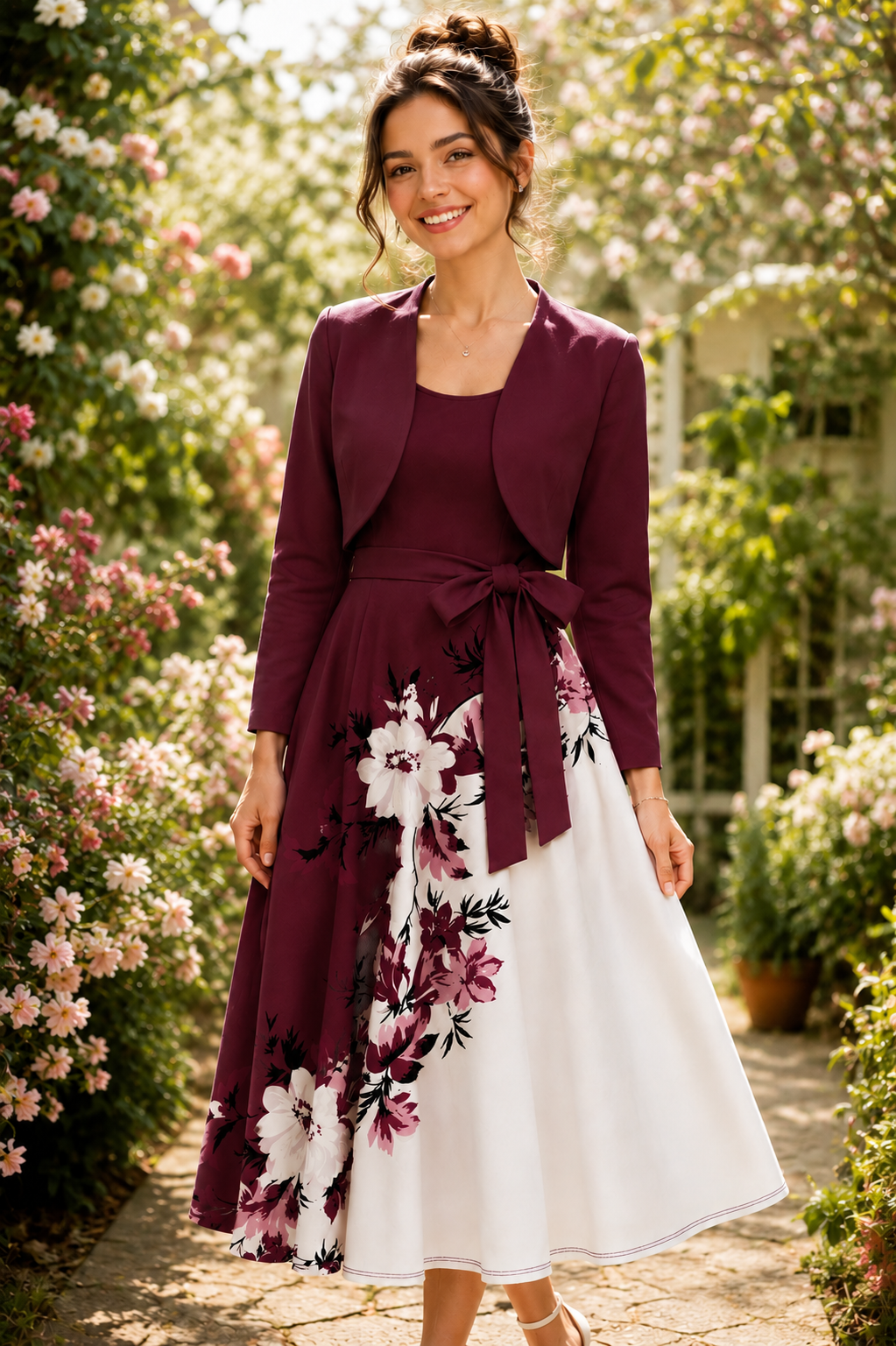 Elegant 2-Piece Women’s Outfit | maroon Cardigan Jacket with Floral Suspender Dress Set