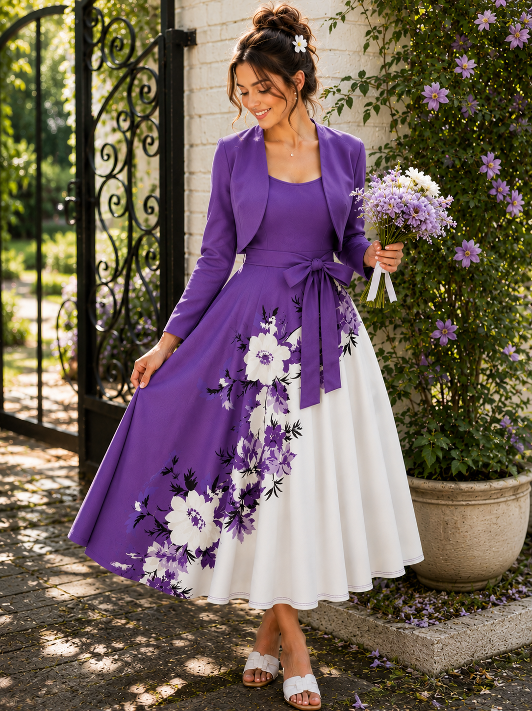 Elegant 2-Piece Women’s Outfit | Purple Cardigan Jacket with Floral Suspender Dress Set