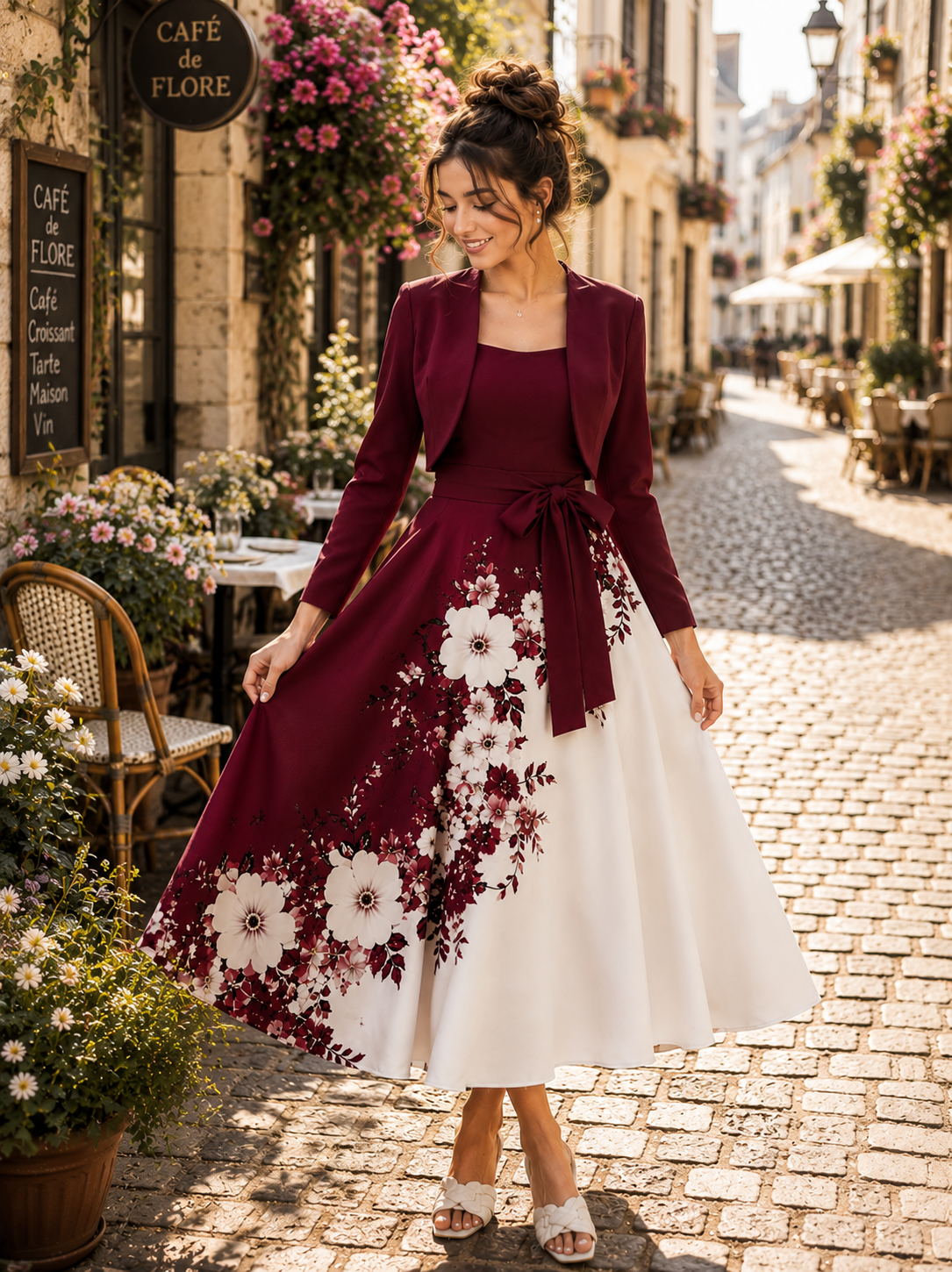 Elegant 2-Piece Women’s Outfit | maroon Cardigan Jacket with Floral Suspender Dress Set