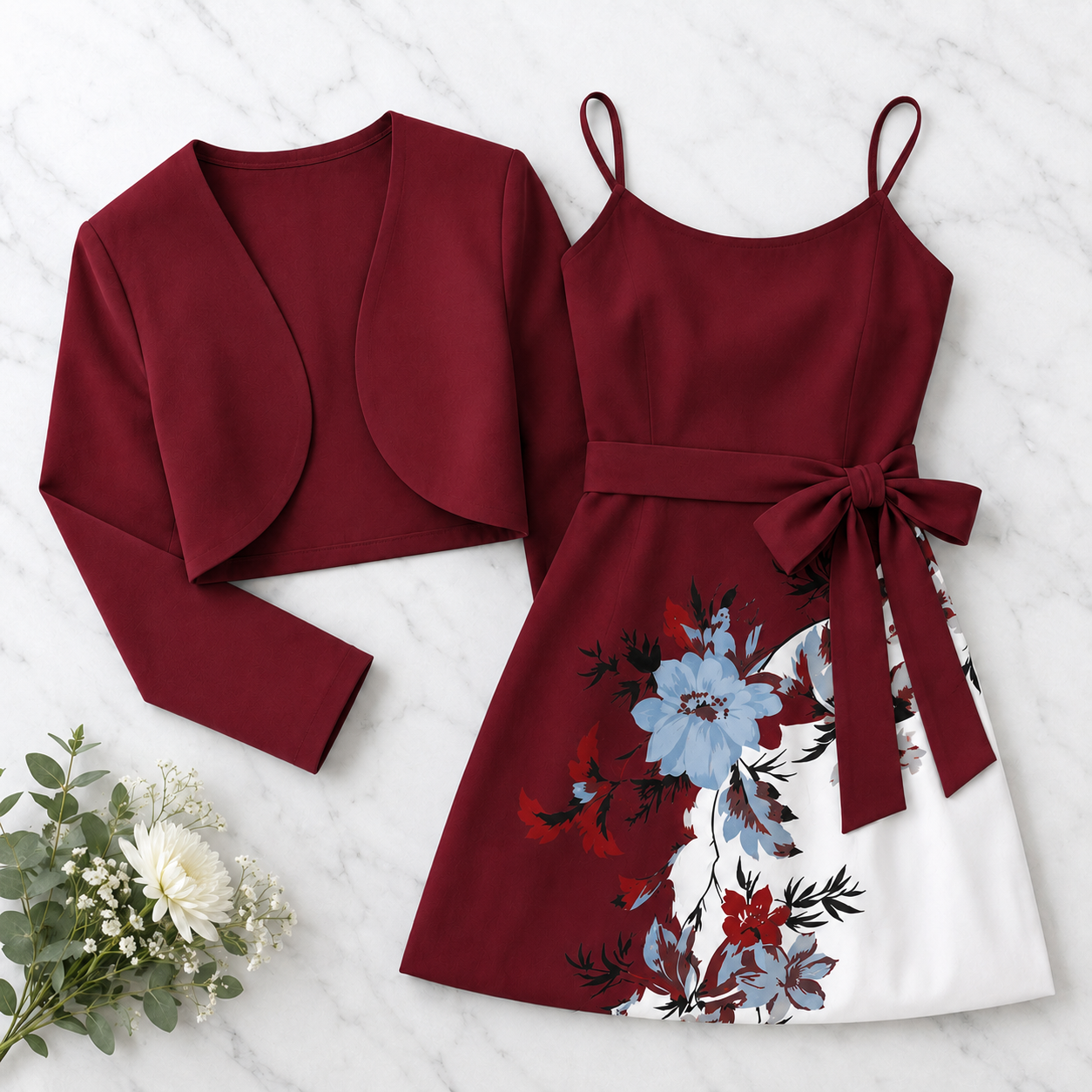 Elegant 2-Piece Women’s Outfit | maroon Cardigan Jacket with Floral Suspender Dress Set