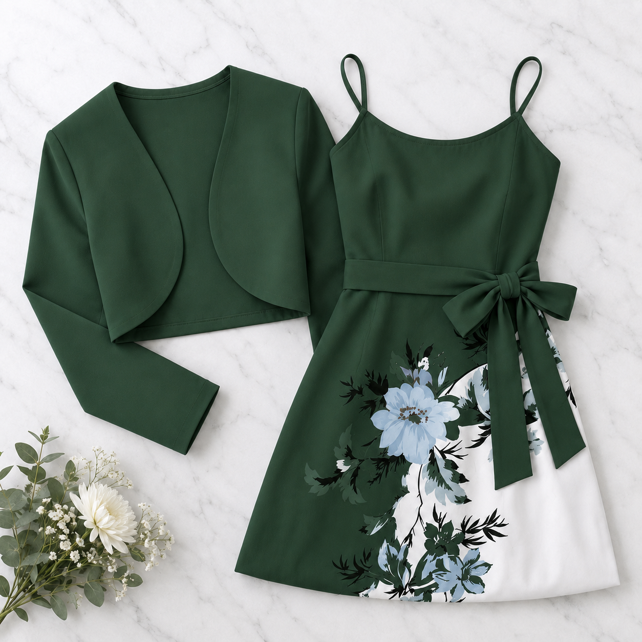 Elegant 2-Piece Women’s Outfit | Green Cardigan Jacket with Floral Suspender Dress Set