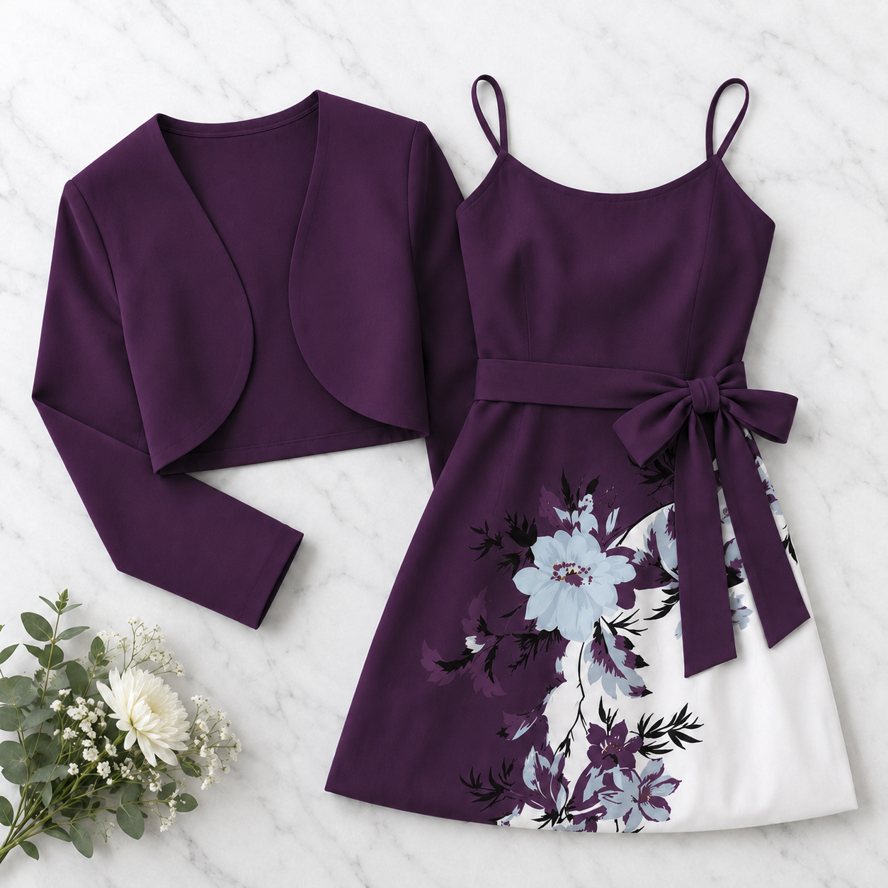 Elegant 2-Piece Women’s Outfit | Purple Cardigan Jacket with Floral Suspender Dress Set